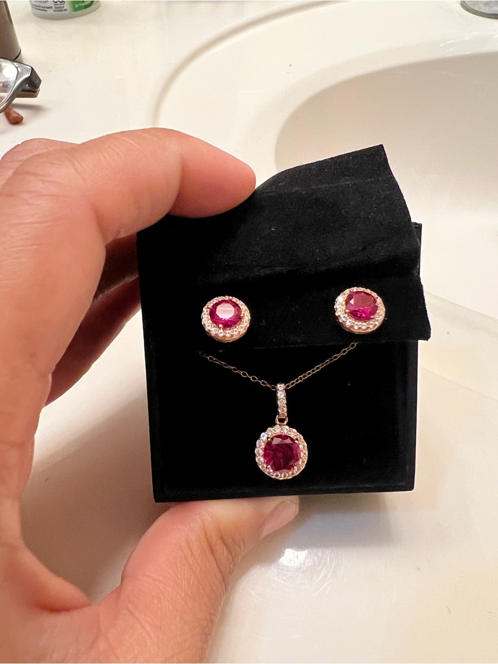 Zales Ruby Pendant Necklace and Stud Earrings Set